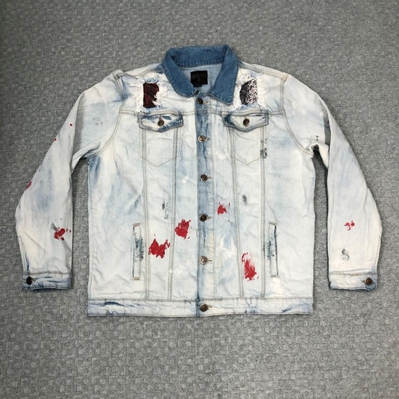 Encrypted Nyc Other - Encrypted Jacket Mens XL Light Wash Denim Distressed Paint Splatter Trucker Norm